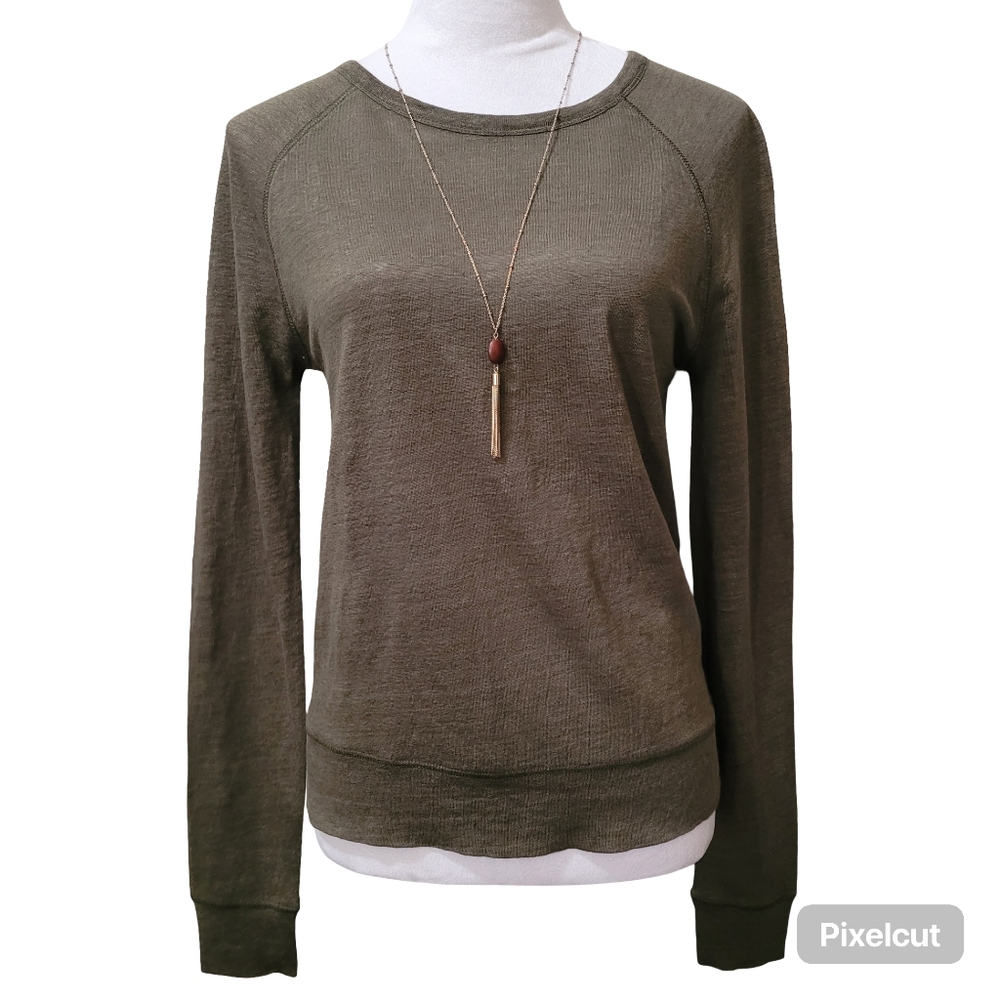 Vince • 100% Linen Long Sleeve Slub Pullover Shirt in Olive Drab Green Sz M - Picture 4 of 12